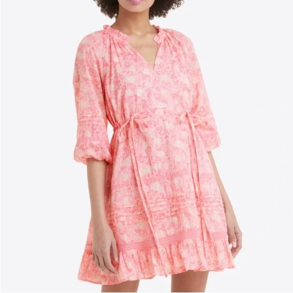 Draper James Kellie Babydoll Paisley Cotton Ruffle Pink Mini Dress 3X Boho Femme